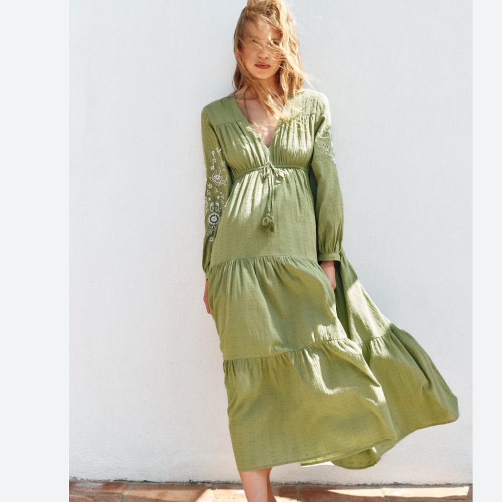 Zara NWT green swiss dot embroidered midi dress 7200/025